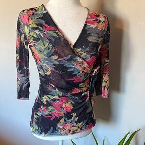 Y2K Floral Wrap meshTop - Teal/Pink SZ M dark floral whimsy goth fall ruched EUC
